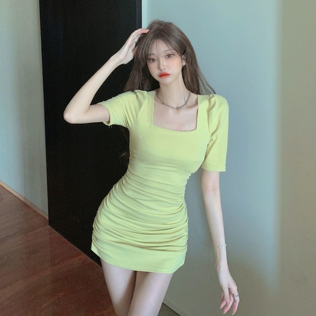 Puff Sleeve Skinny Dress 2024 Pure Desire Style Square Neck Pleated ...