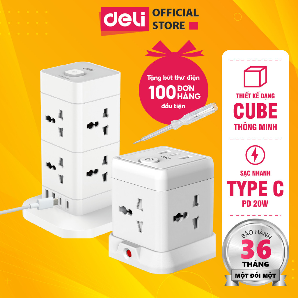Deli Multi-Purpose Power Socket 2500W Capacity - Integrated USB & Type ...
