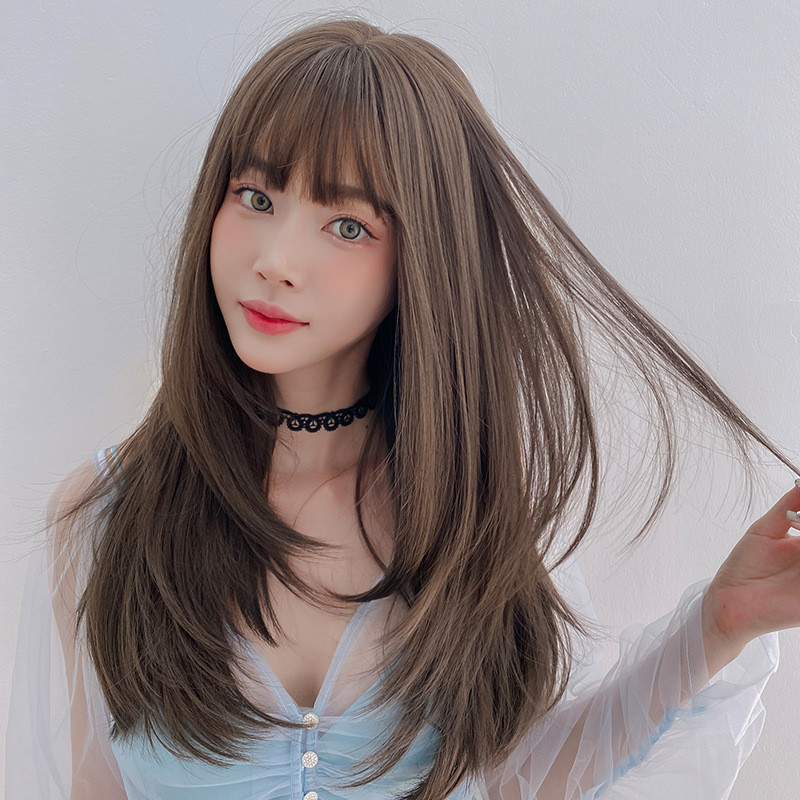 Wig Female Long Hair Long Straight Hair Inner Button Air Bangs Full Top ...