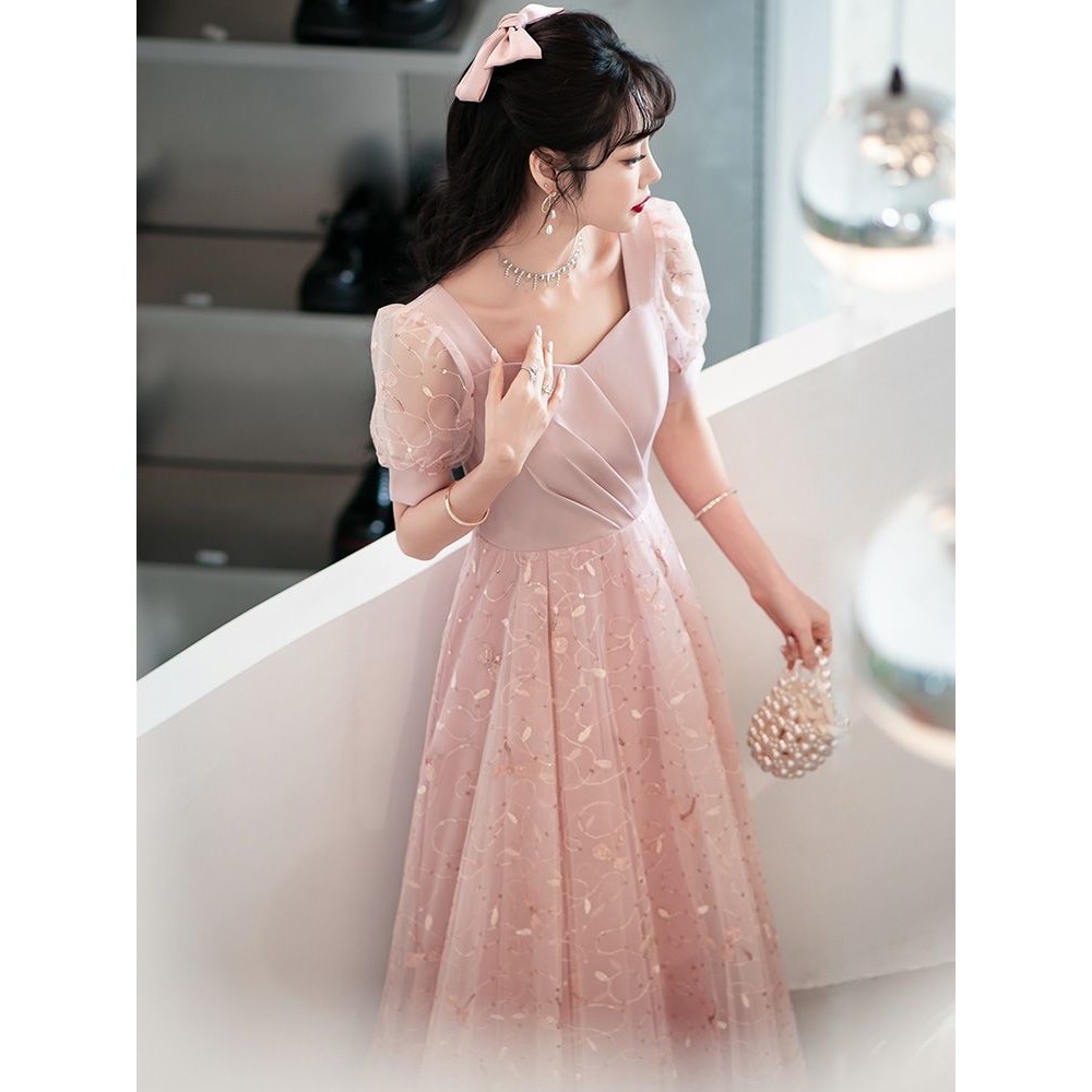 Hawlife Korean Pink Puff Sleeve Bridesmaid Civil Wedding Prom Cocktal ...