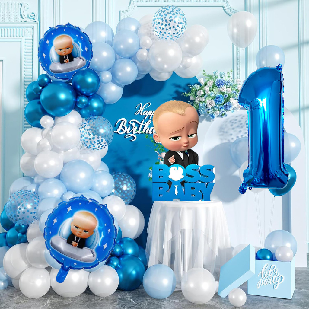 80PCS Boss Baby Theme Blue White Balloon Arch with Baby Boss Foil ...