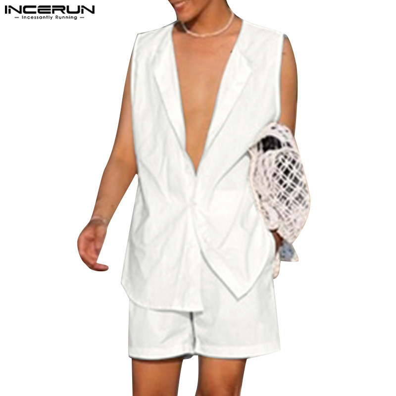INCERUN Sleeveless Shirt+Shorts Set Men's Simple Solid Stand up Neck ...