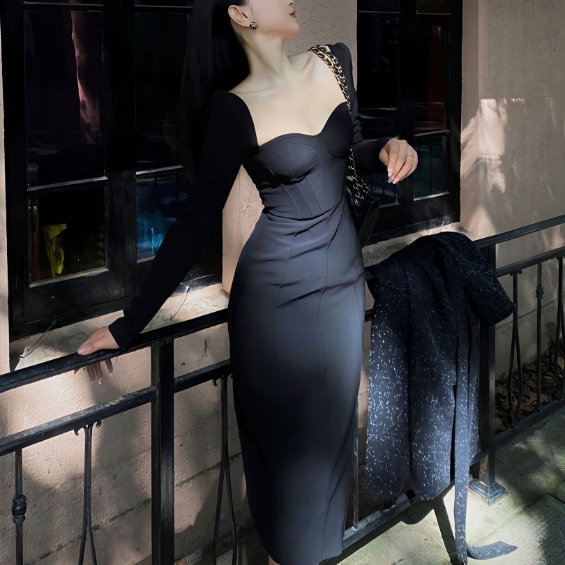 Black Square Collar Long Sleeve Dress 2024 Spring New Hepburn Slim-Fit ...