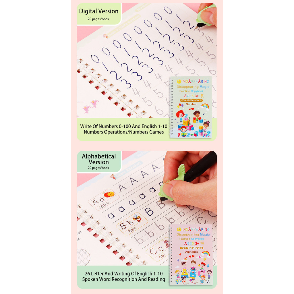 Kids 4+1 Tracing Practice Reusable Magic Notebook Automatic Fading Ink ...