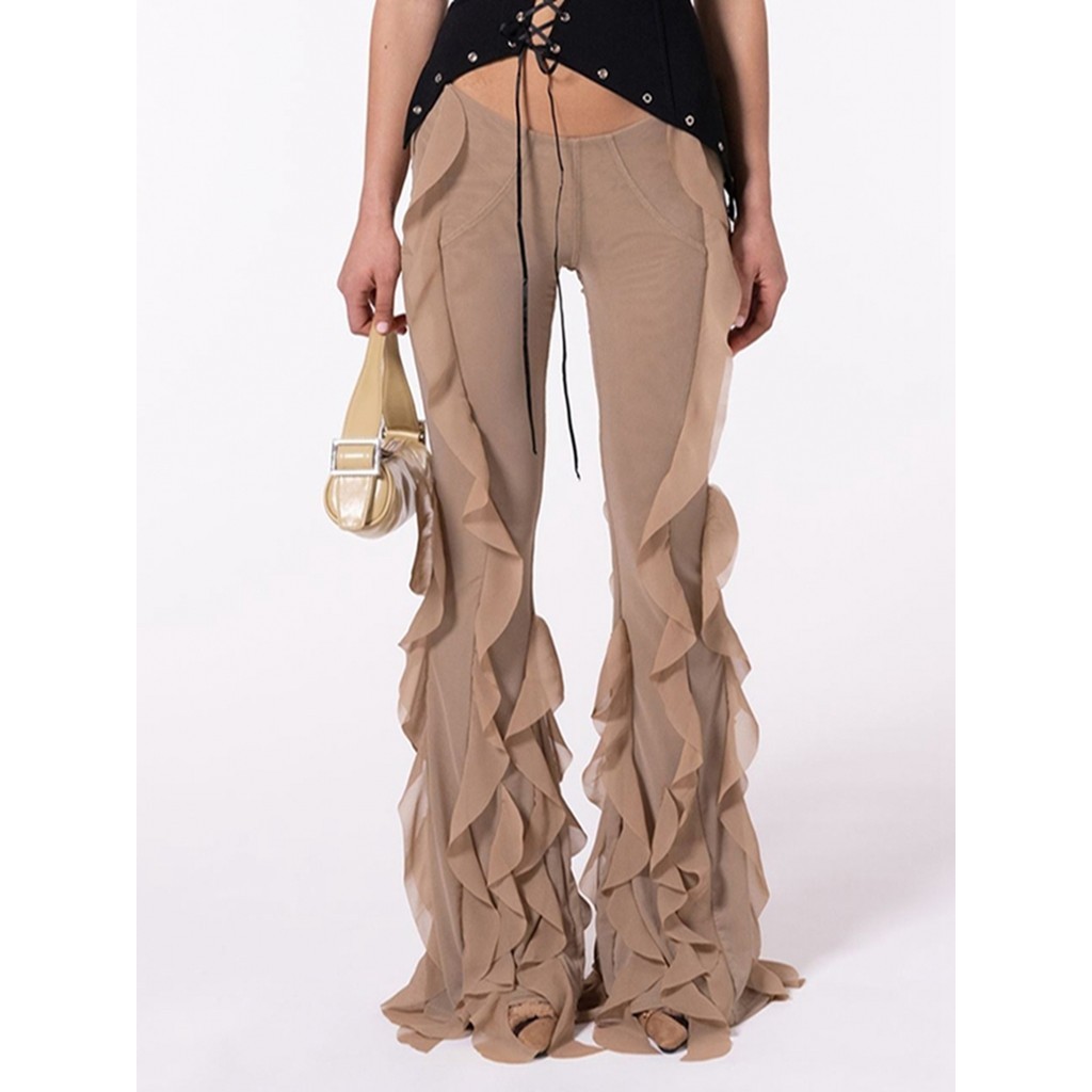 []-Women´s Ruffled Flare Long Pants Solid Color Low Rise Stretch Bell ...