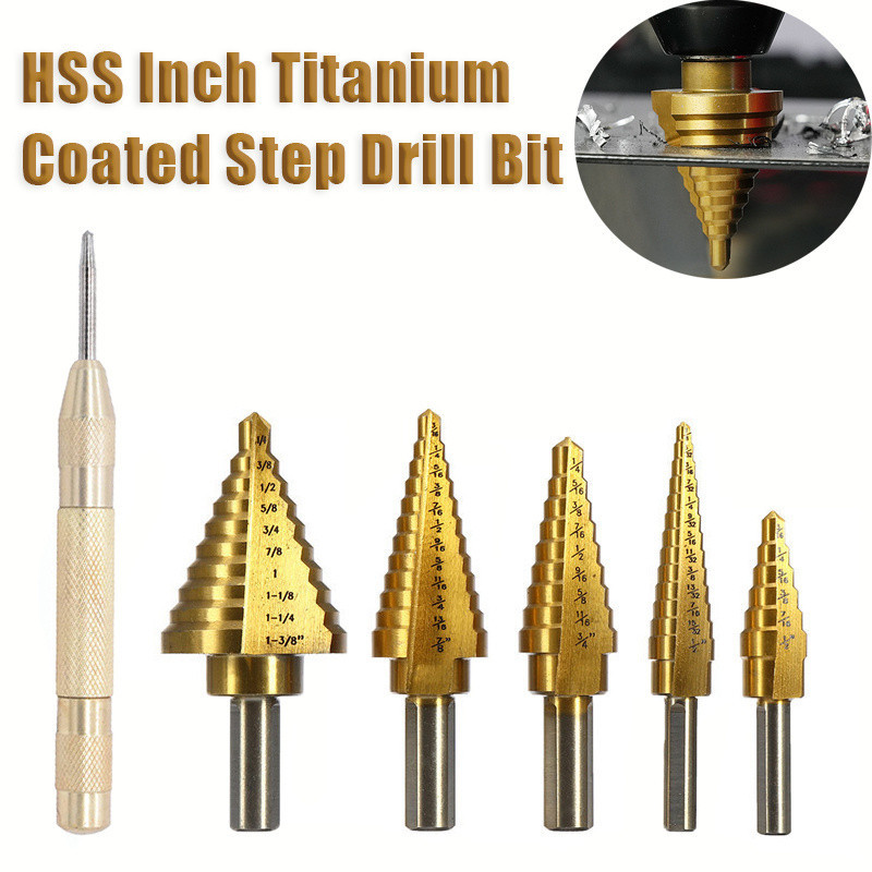 5pcs HSS Inch Titanium Coated Step Drill Bit Set with Automatic Center