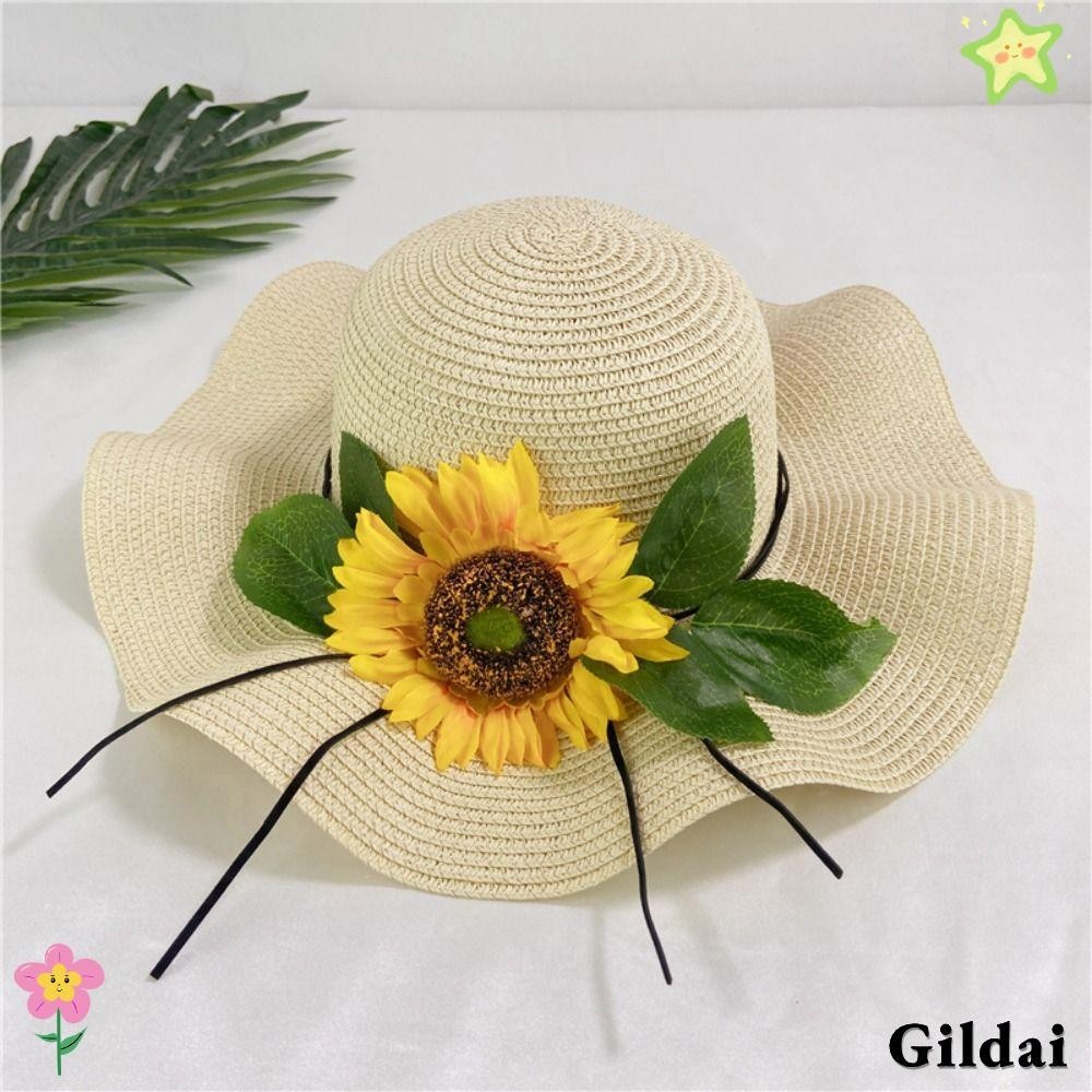 GILDAI Straw Sun Hat, Large Brim Travel Flower Sunshade Cap, Outdoor ...