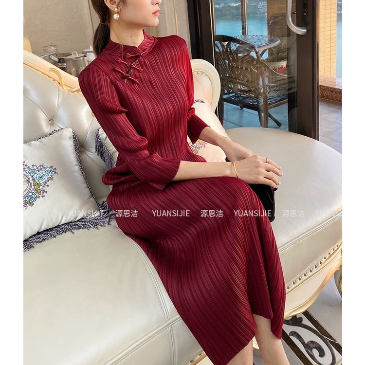 Women new Chinese wrinkled maxi dress elegant mid midnight casual loose fitting formal dress party dress