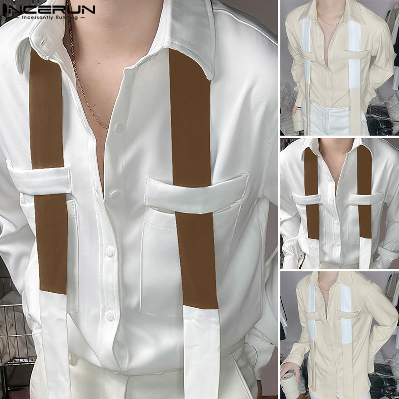 INCERUN Men Korean Fashion Patchwork Ribbon Long Sleeve Design Shirts ...