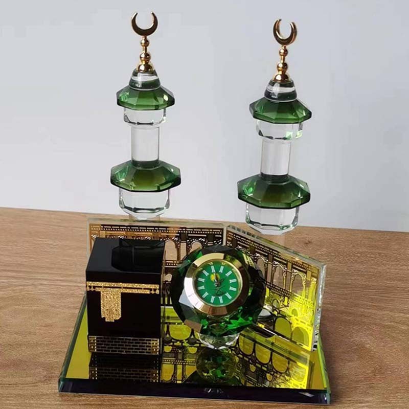 Crystal Kaaba Clock Tower Figurine - Islamic Architecture Model, Gold Color, 4.7 X 3.1 X 5.1 Inches