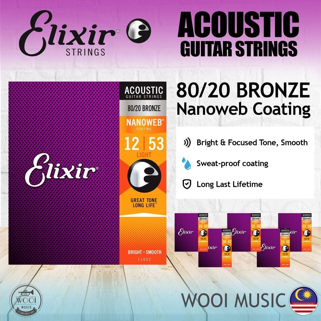 Elixir Nanoweb Acoustic Guitar Strings 80/20 Bronze - 11002 11027 11052 ...