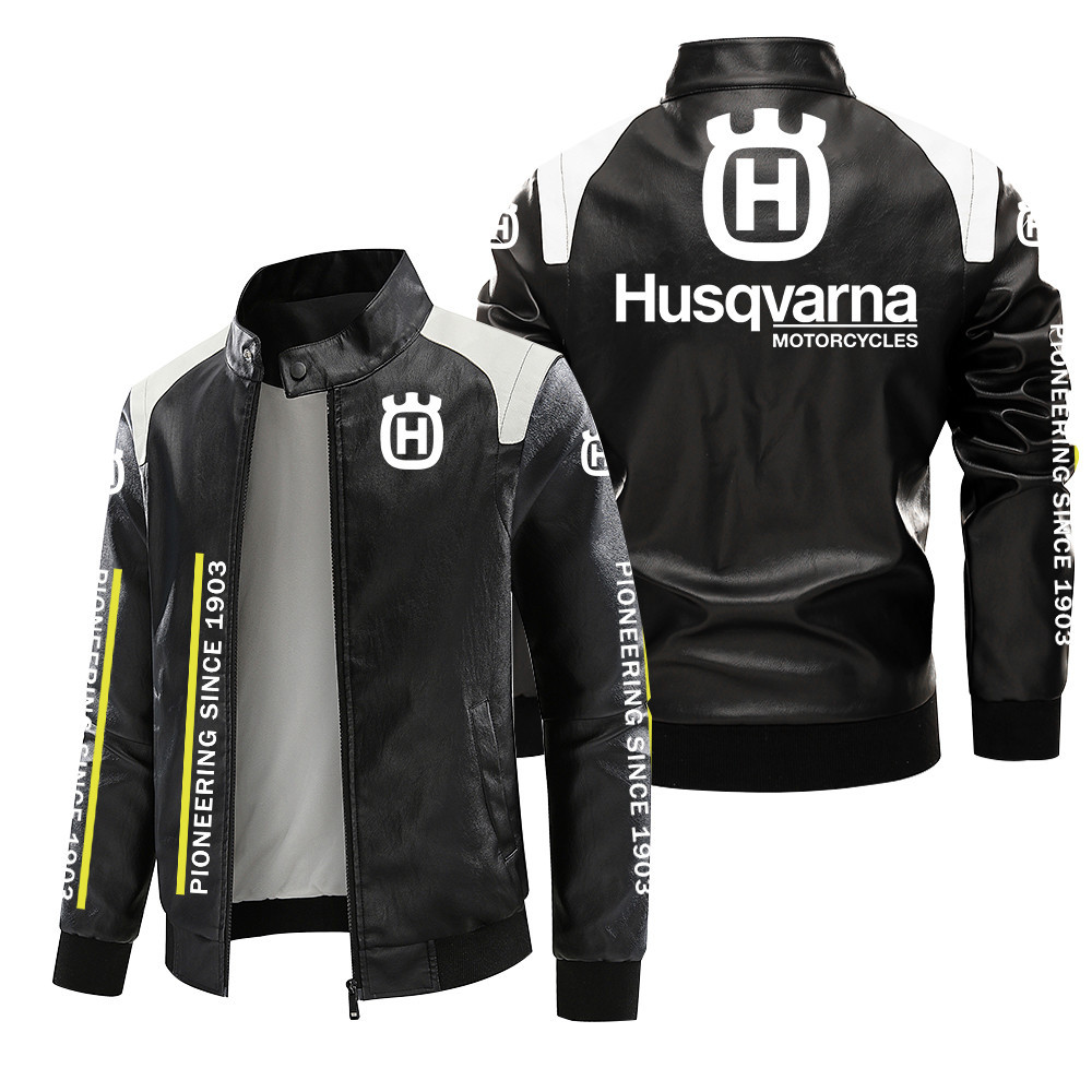 Husqvarna Logo Leather Jacket Large Size Motorcycle Motorcycle Riding Warm Fleece Lining Men's