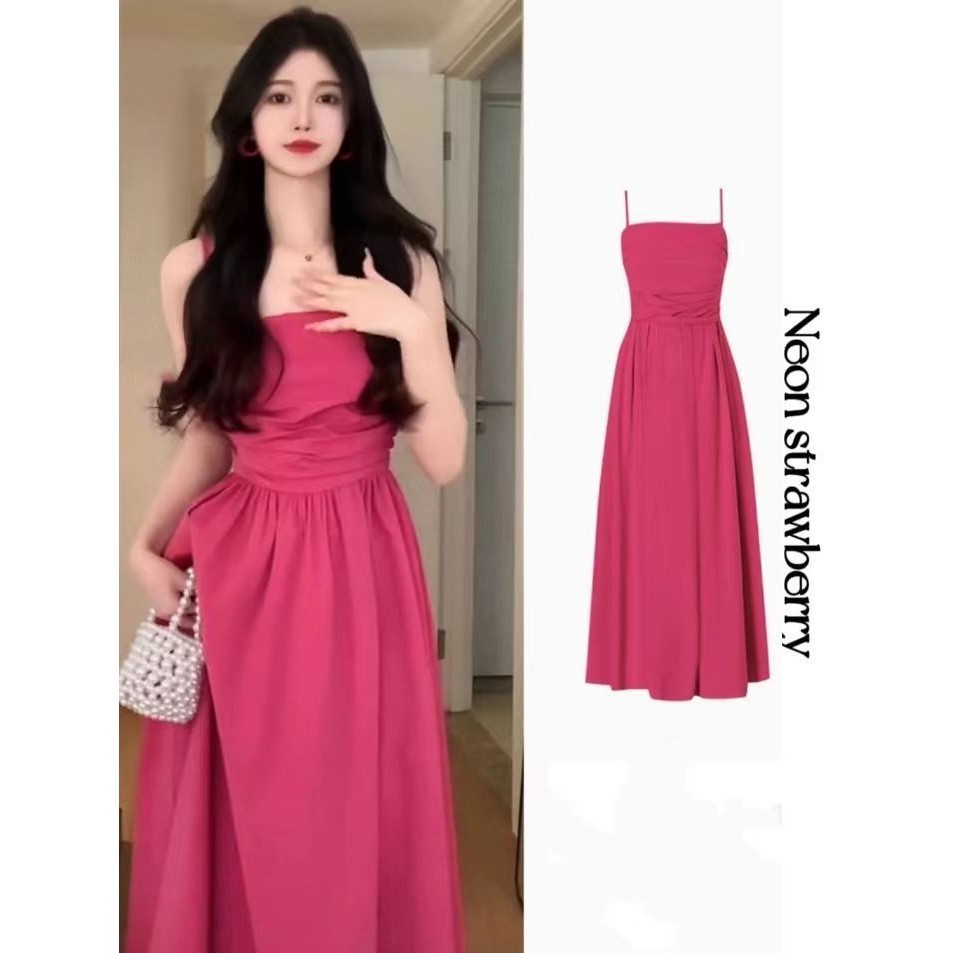 Tea Break French Rose Red Sling Dress Children Summer 2024 Narrow Waist ...