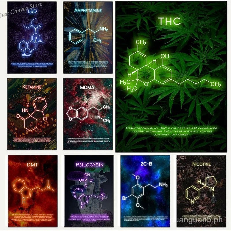 Neon Effect THC LSD 2CB Drug Molecules Posters Canvas Painting Cosmic ...