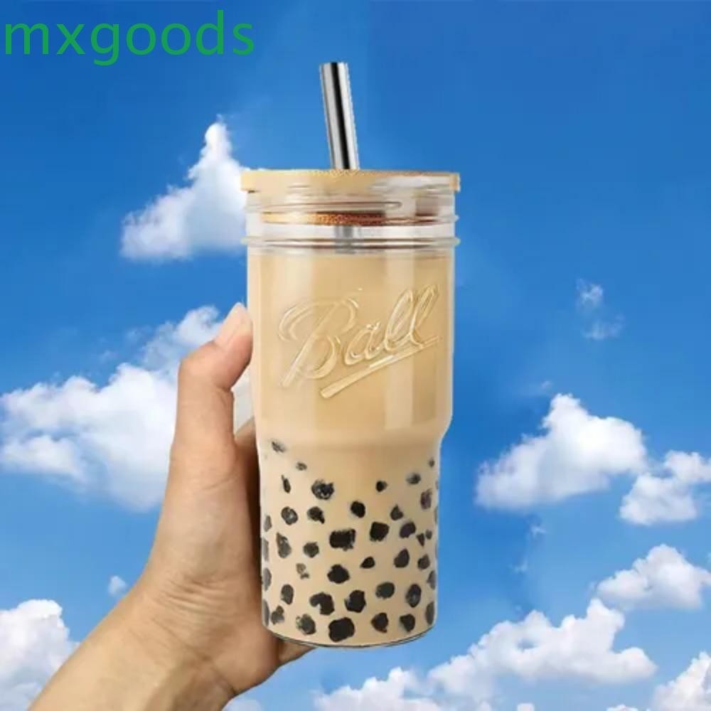 MXGOODS Glass Boba Cup, Bamboo Lids with Straw Glass Bubble Tea Cup ...