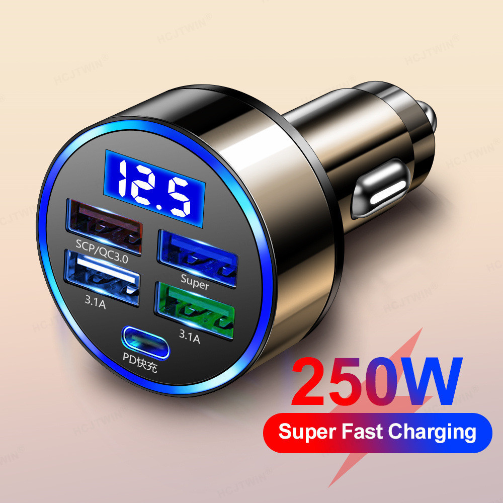 5 in 1 Multi-Port 4USB+1PD USB-C with Digital Display Car Charger 5 ...