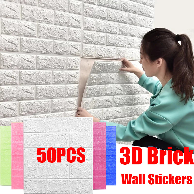 50Pcs 3D Wall Panels Stickers Wallpaper/Self-Adhesive Wallpapers Brick ...