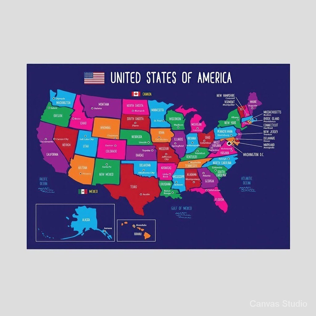 Map Of USA 50 States With Capitals Canvas Wall Art Poster, North ...