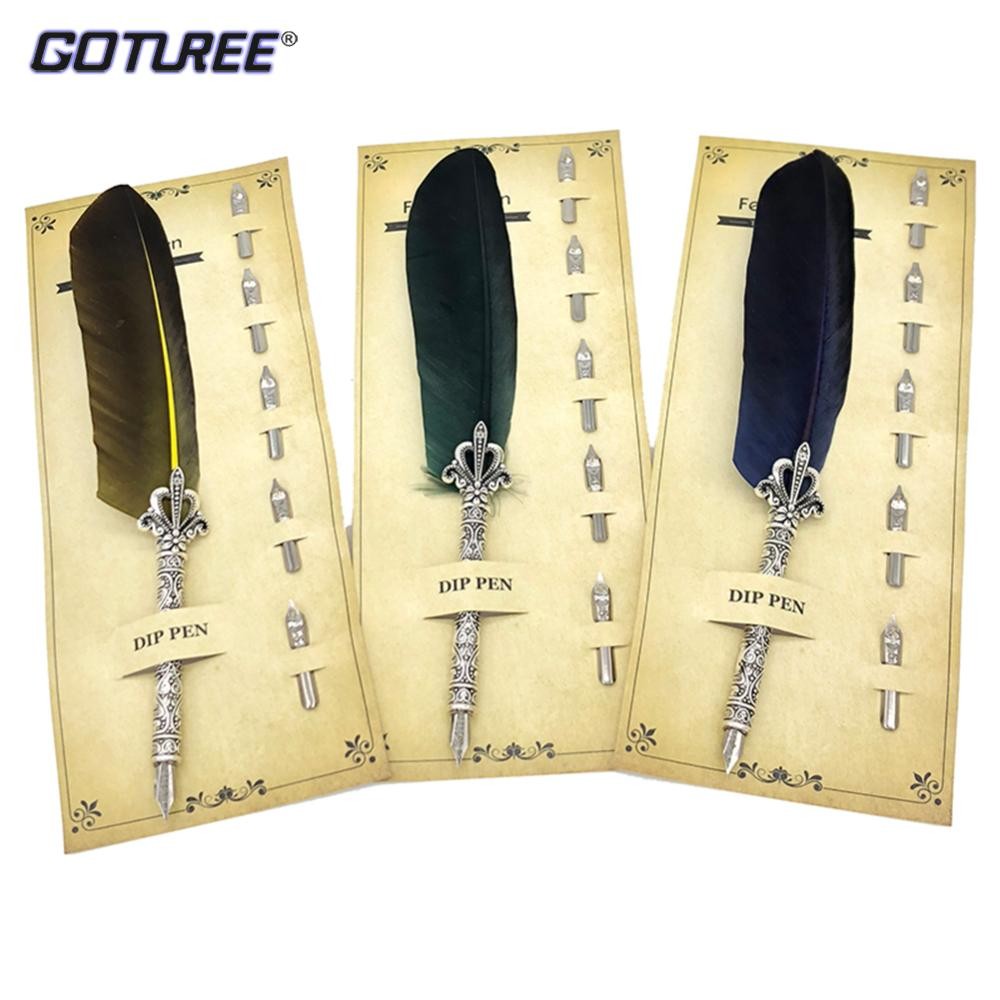 1 Set Vintage Calligraphy Feather Dip Pen with 5 Nib Writing Ink Quill ...