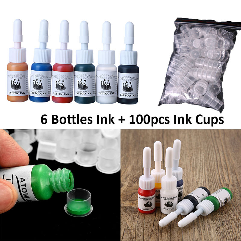 6Pcs Professional Multi Colors Tattoo Ink Pigment Set With 100 Ink Cups ...