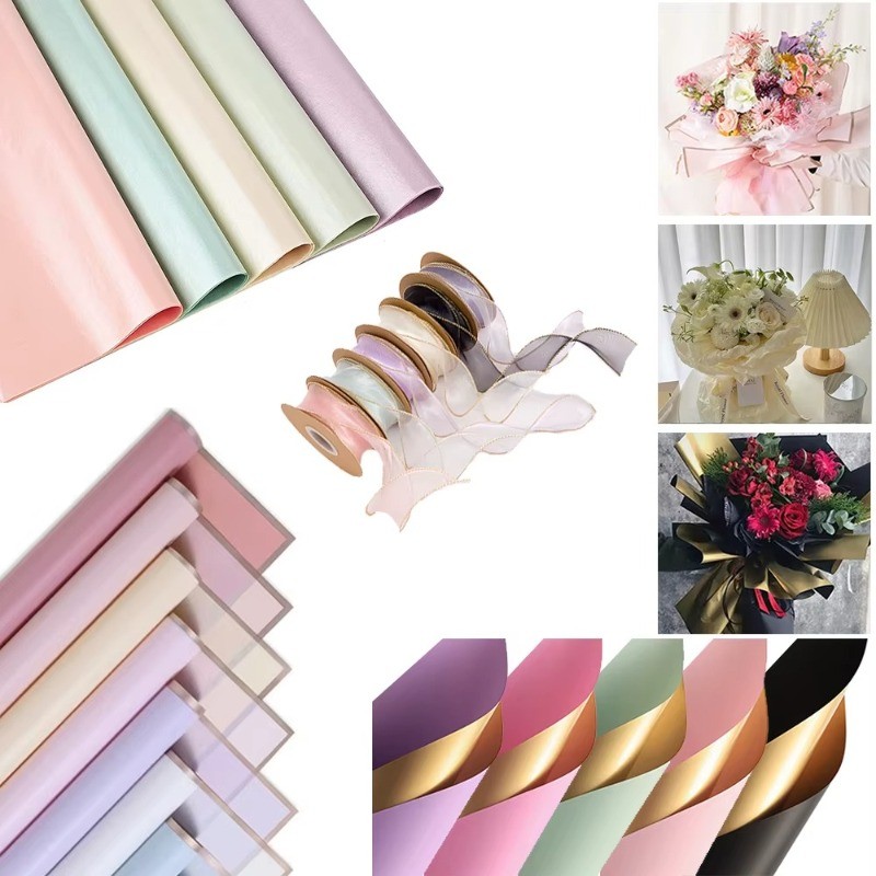 Flower Wrapping Paper Colors Bouquet Gold Edge Double Sided Wired ...