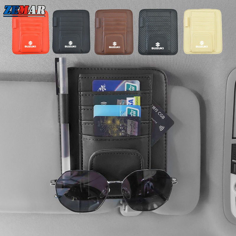 Suzuki Leather Car Sun Visor Card Pen Storage Bag Holder Organizer Glasses Clip with Car Logo