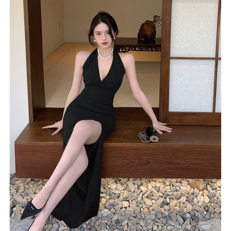 Black Backless Halterneck Dress Female Summer Hepburn Style High-End ...
