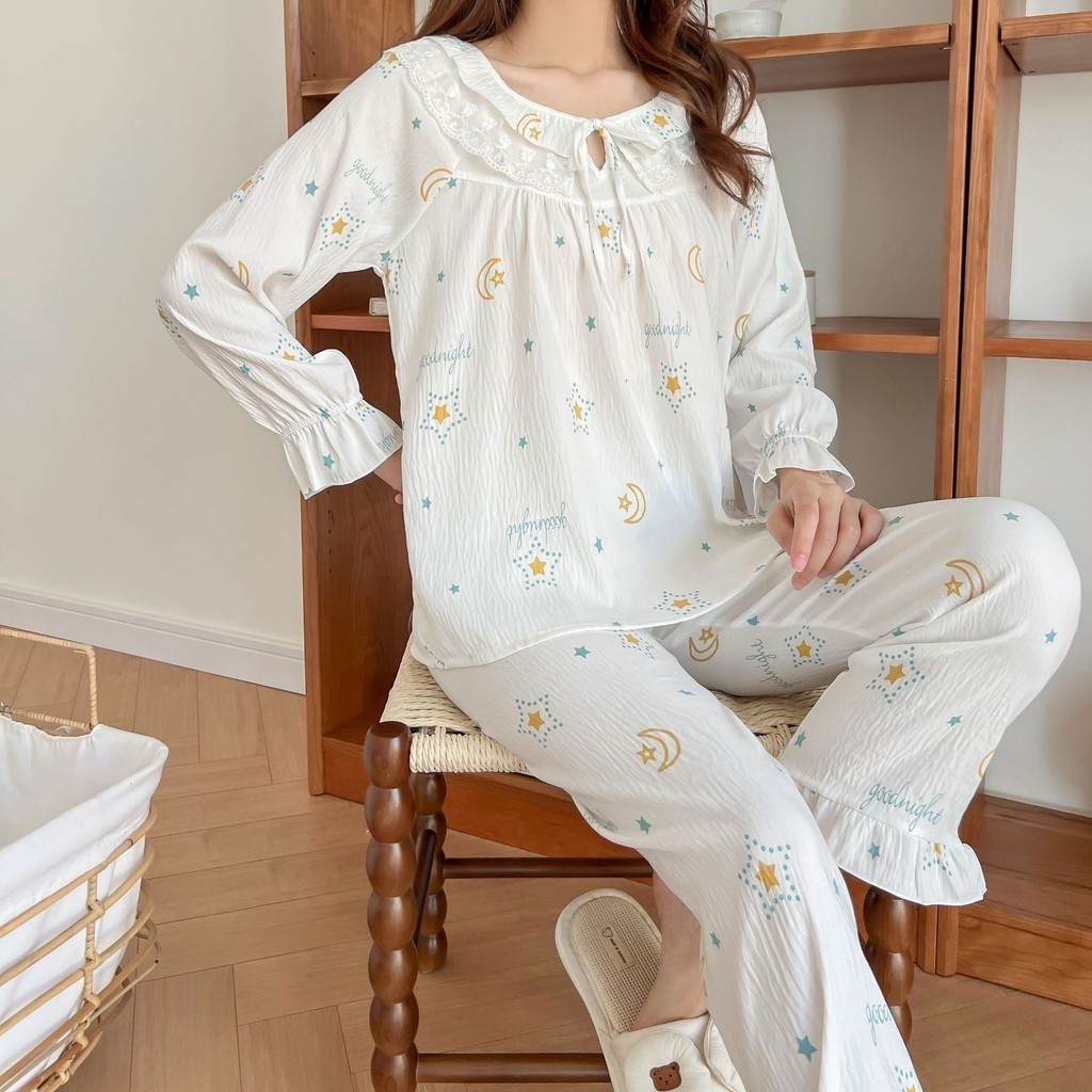 pyjamas-women-moon-and-star-pattern-long-sleeve-long-pants-plus-size