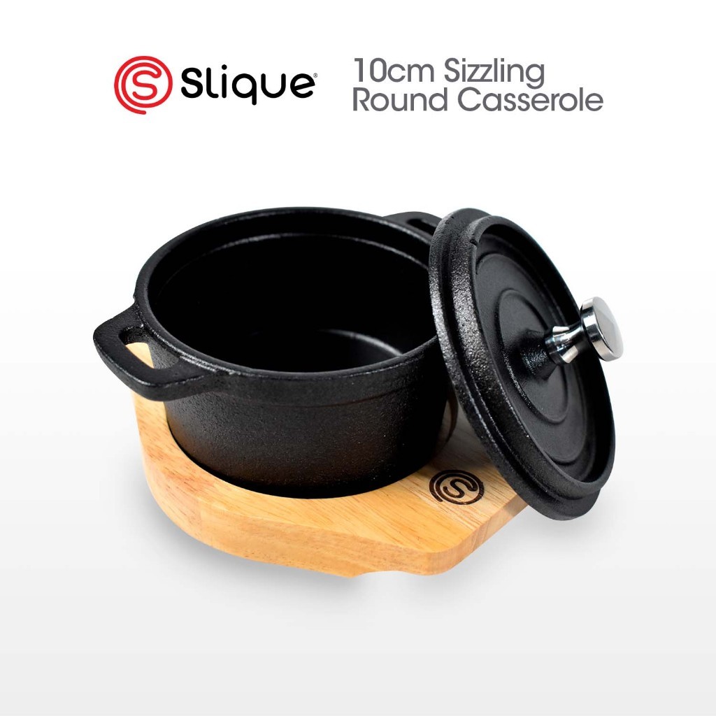 SLIQUE Cast Iron Round Sizzling Casserole w/ Original Rubber Wood Base ...