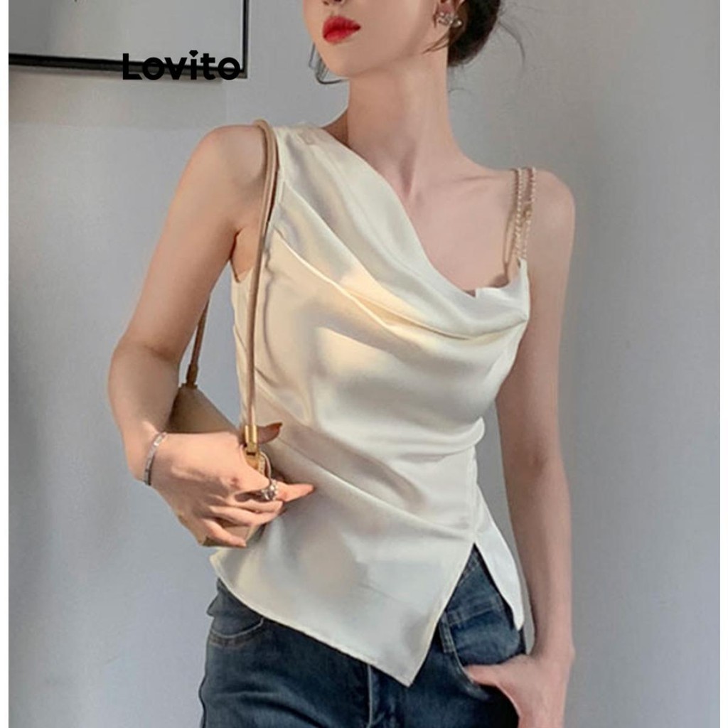 Lovito Women Casual Plain Asymmetrical Split Camis Top LNE49341 ...