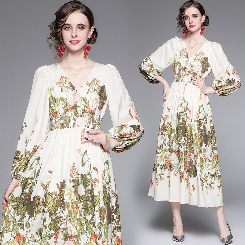 Spring Autumn Elegant Long Dress Women A Line Slim Long Sleeve V Neck ...