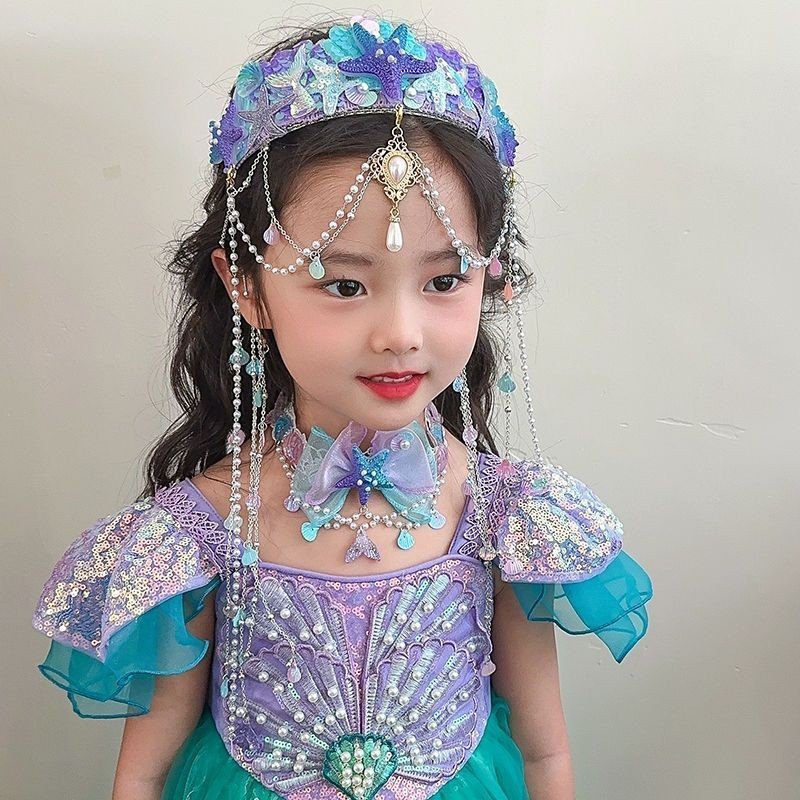 Girls headdress Crystal Tassel Forehead Lace Mermaid Princess Crown ...
