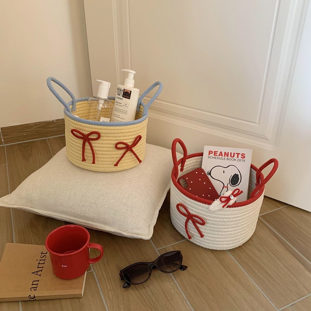 Large Capacity Portable Storage Basket Cute Bow Woven Cotton Rope ...