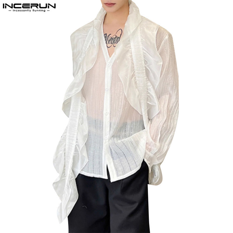 INCERUN Men Korean Casual Lotus Leaf Ribbon Decoration Hollow Shirts ...