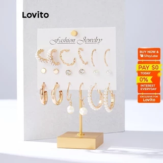 Lovito 9 Pcs Set Elegant Glitter Pearls Pom Pom Metal Earings L34AD068 (Gold)