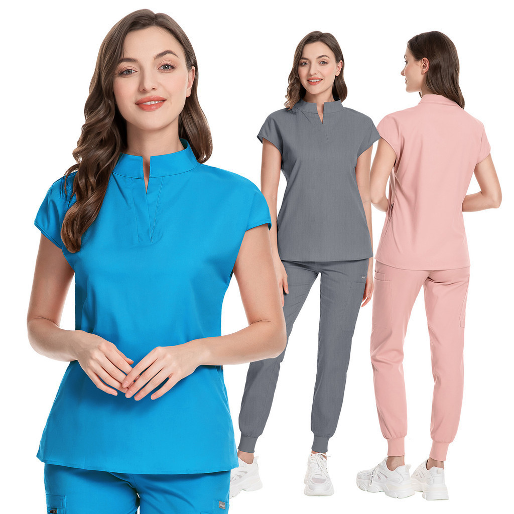 Stand-up Collar Fashion Women Breathable Scrub Suit Set with cargo ...