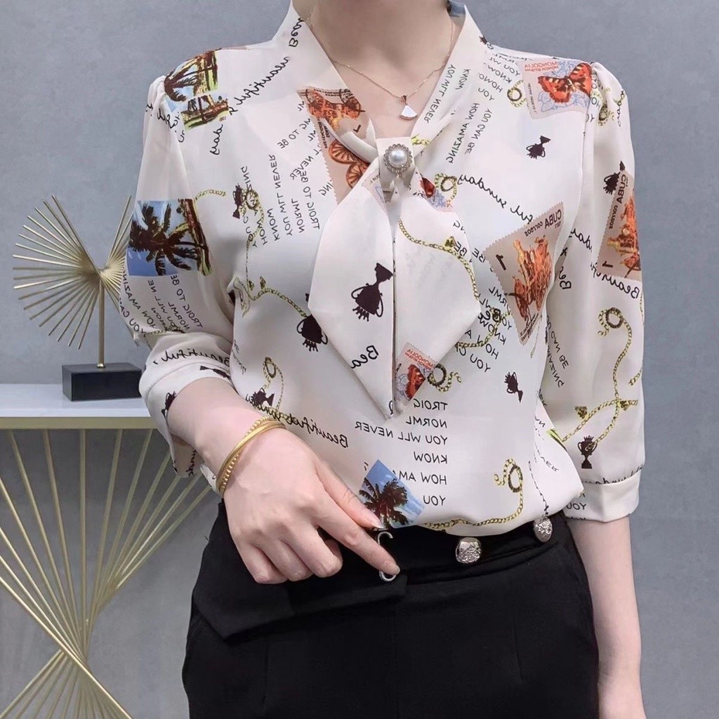 Chiffon Shirt 3/4 Sleeve T-Shirt Women Plus Size Blouse Casual Floral Shirt  Loose Fashion Summer Korean Style White Tops Women Filipiniana Blouse for 