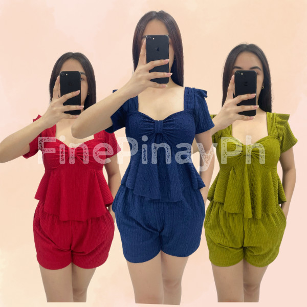 FFP Barbara Ribbon Sleeve Peplum With Shorts Terno Bark Crepe For Woman ...