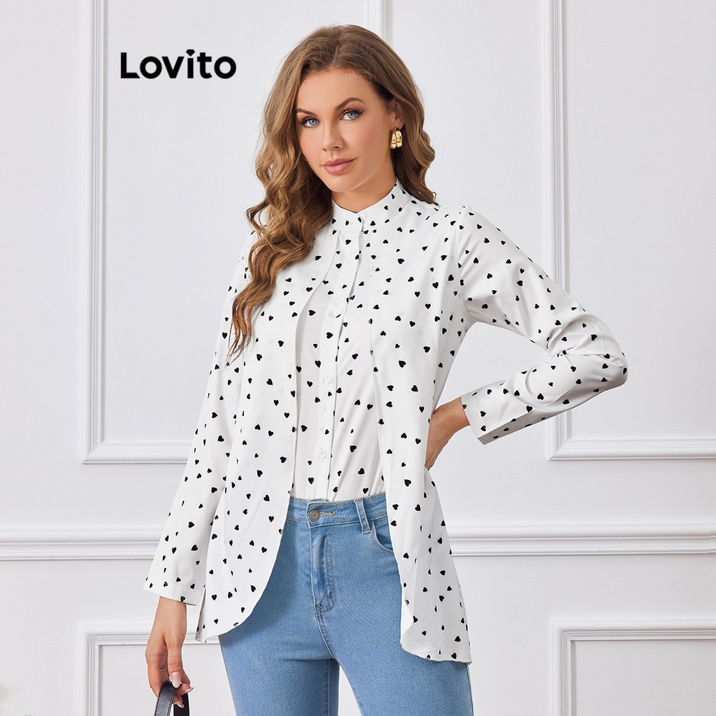 Lovito Women Elegant Polka Dot High Low Button Front Round Blouse ...