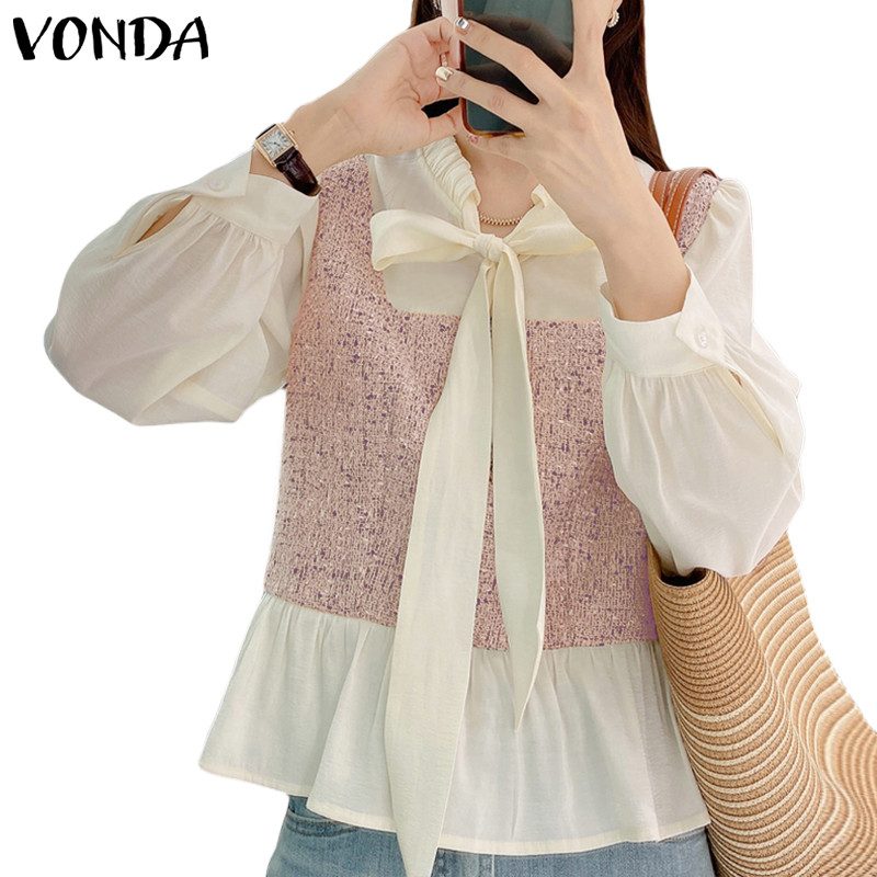 TAVIMART  -  Sweet Korean Bowknot Sailor Collar Fake Two Piece Top Tees Women Long Sleeve Elegant Gentle Cardigan Autumn Trendy