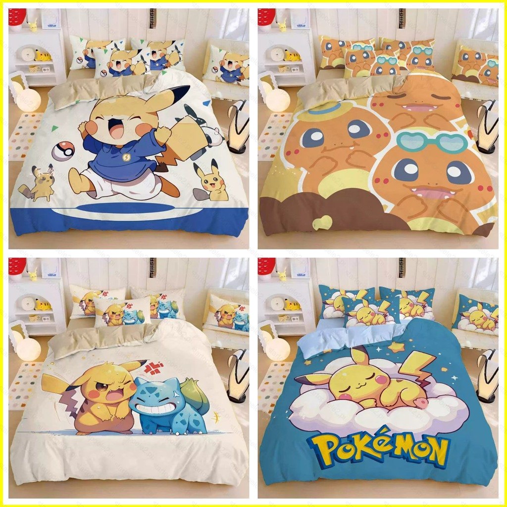 ST2 Pokemon Pikachu Psyduck 4IN1 Bed Sheet Quilt Cover Pillowcase ...