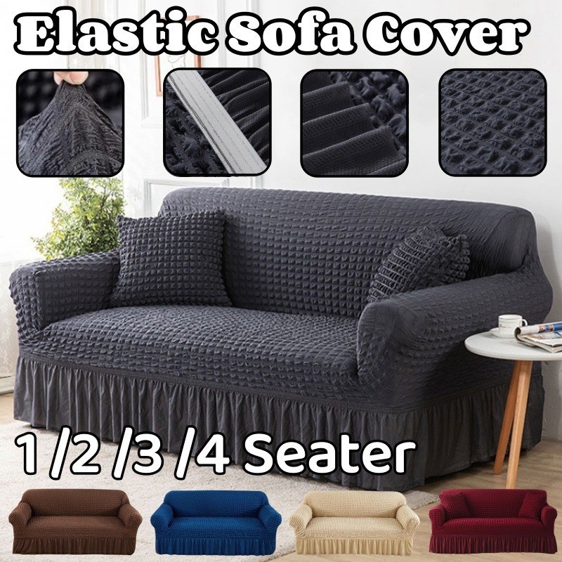 1/2/3/4 Seater Elastic Seersucker Skirt Sofa Cover Thicken Anti Dust ...