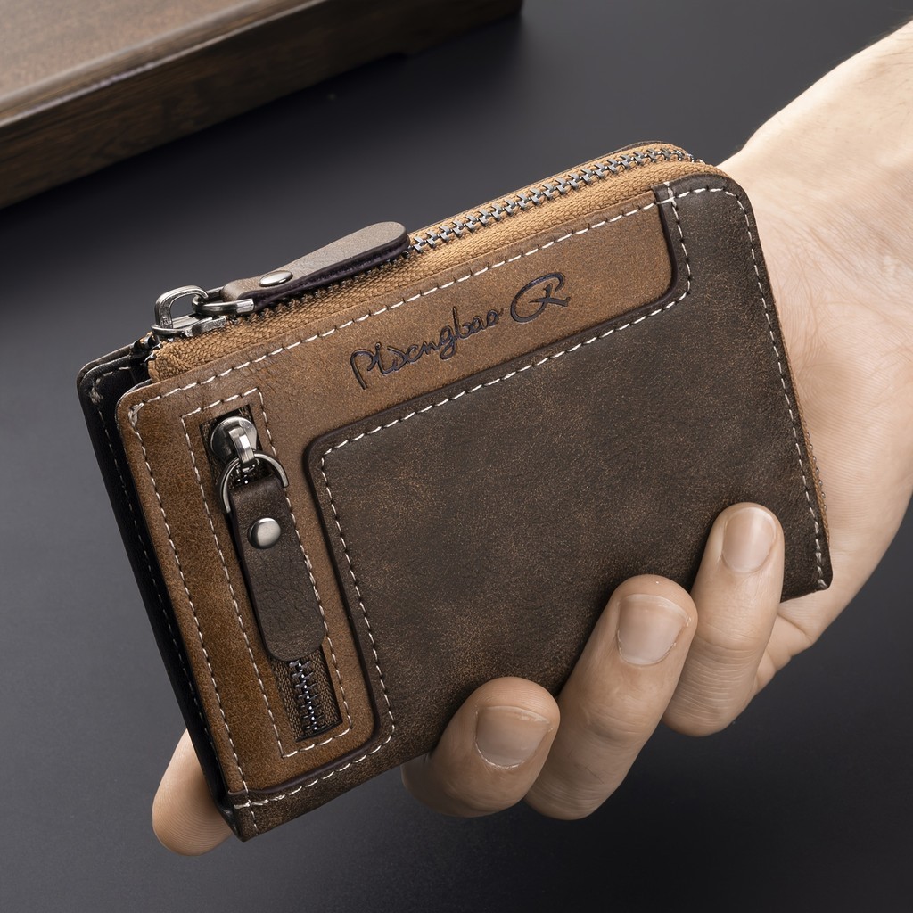 1pc Men's Retro Short Wallet, Multifunctional Fashion Zipper PU Leather ...