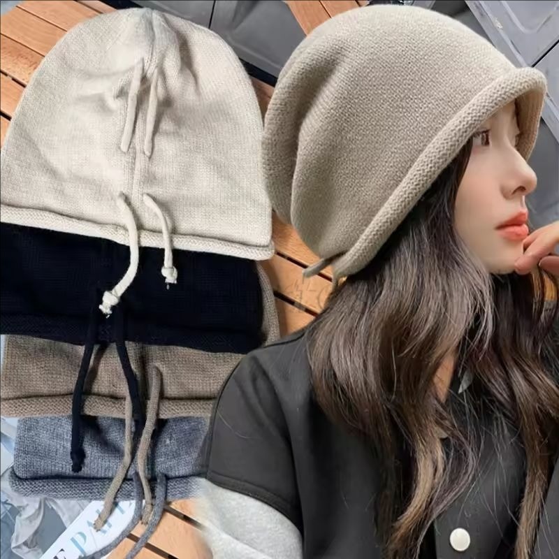Drawstring Stacked Knitted Hat - Fashion Roll Rim Casual Beanie ...