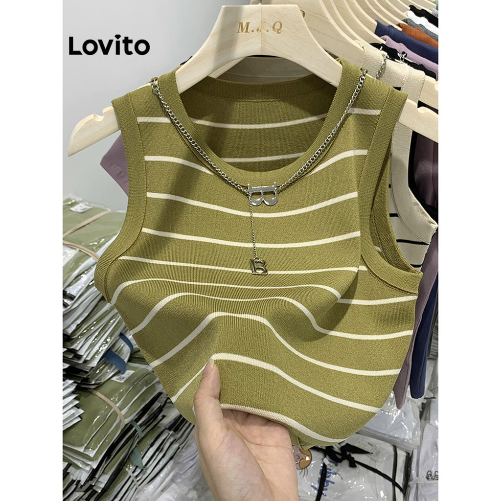 Lovito Casual Striped Basic Sleeveless Round Neck Tank Top for Women