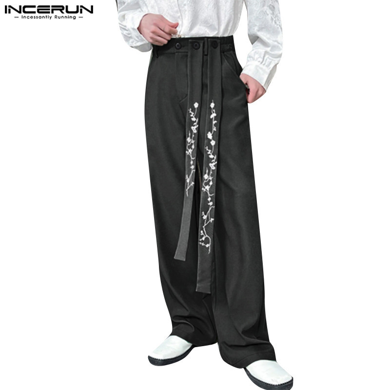INCERUN Men Korean Embroidered Flower Ribbon Casual Long Trousers ...