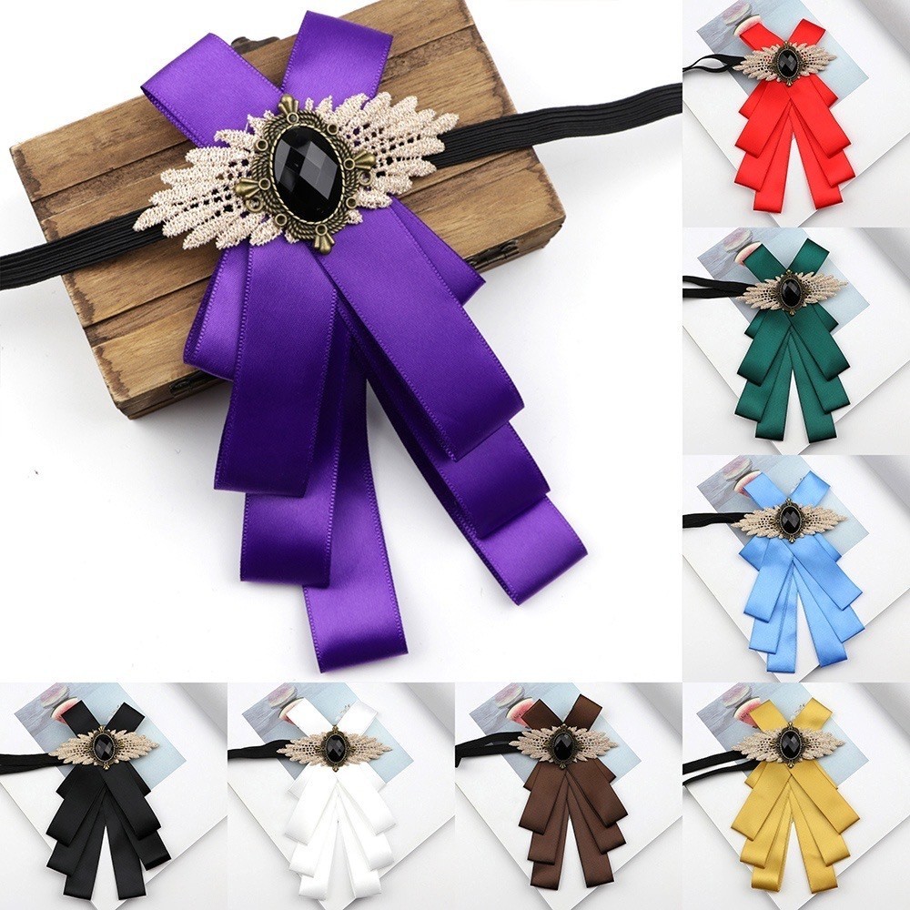 Fashion Bow Tie Rhinestone Solid Ribbon Polyester Necktie Lapel Pin ...