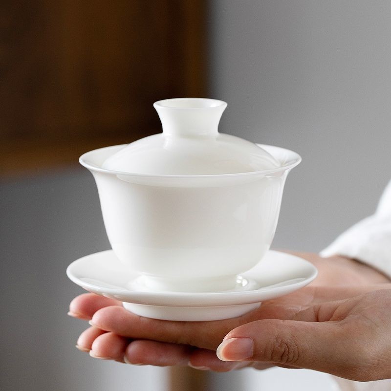 [Premium Tea Set] Lanolin Jade High-End White Porcelain Sancai Gaiwan ...