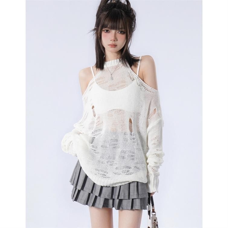 Y2k Halter Neck Style Strapless Ripped Thin Sweater Summer Girl ...