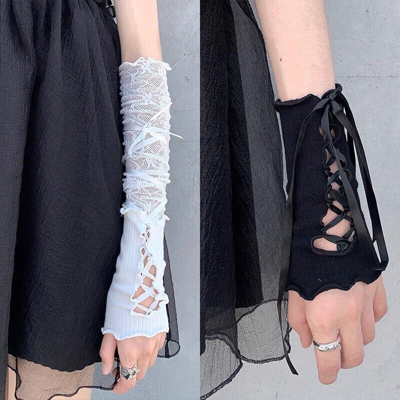 Women Lolita JK Lace Fingerless Gloves Black Gothic Sunscreen Sleeve ...